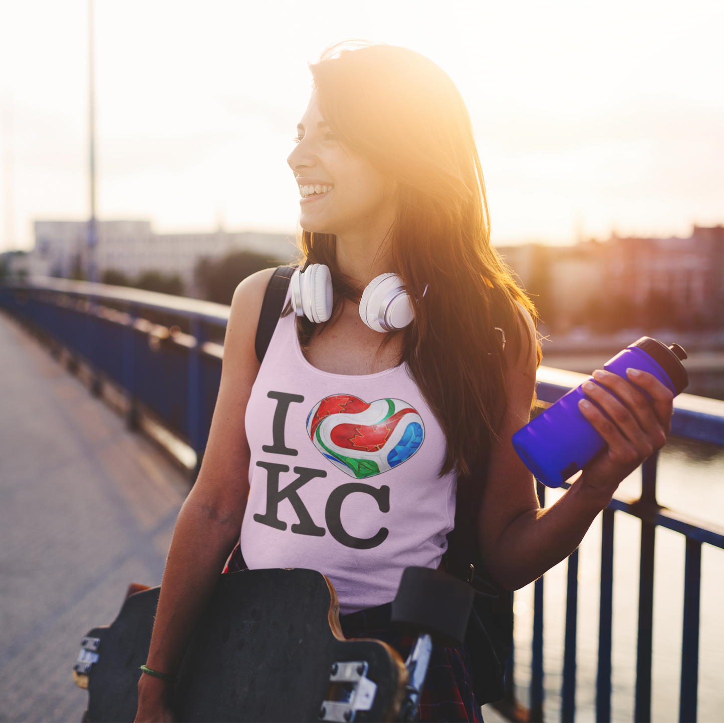 Lifestyle image of Kansas City World Cup tank top featuring I Love KC artwork