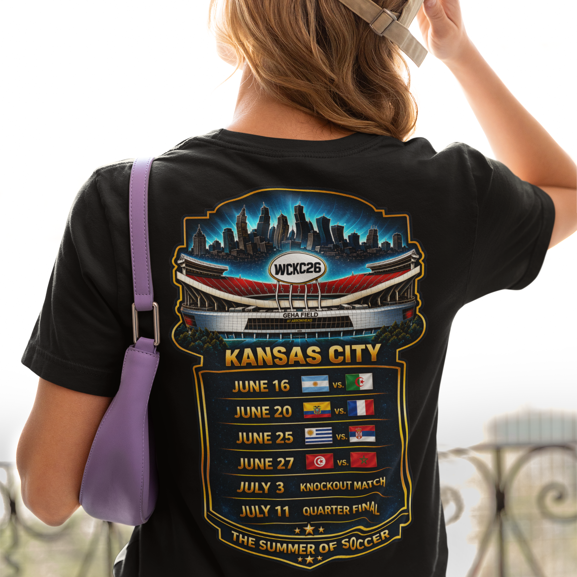 Back design WCKC 26 World Cup T-shirt featuring Kansas City match schedule artwork