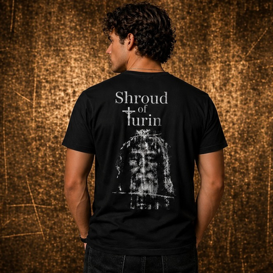 Back design Shroud of Turin Christian T-shirt featuring distressed sacred image artwork by Witness Brand