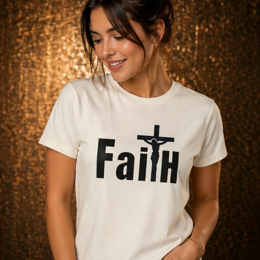 Faith black text Christian T-shirt with bold cross-centered graphic design by Witness Brand