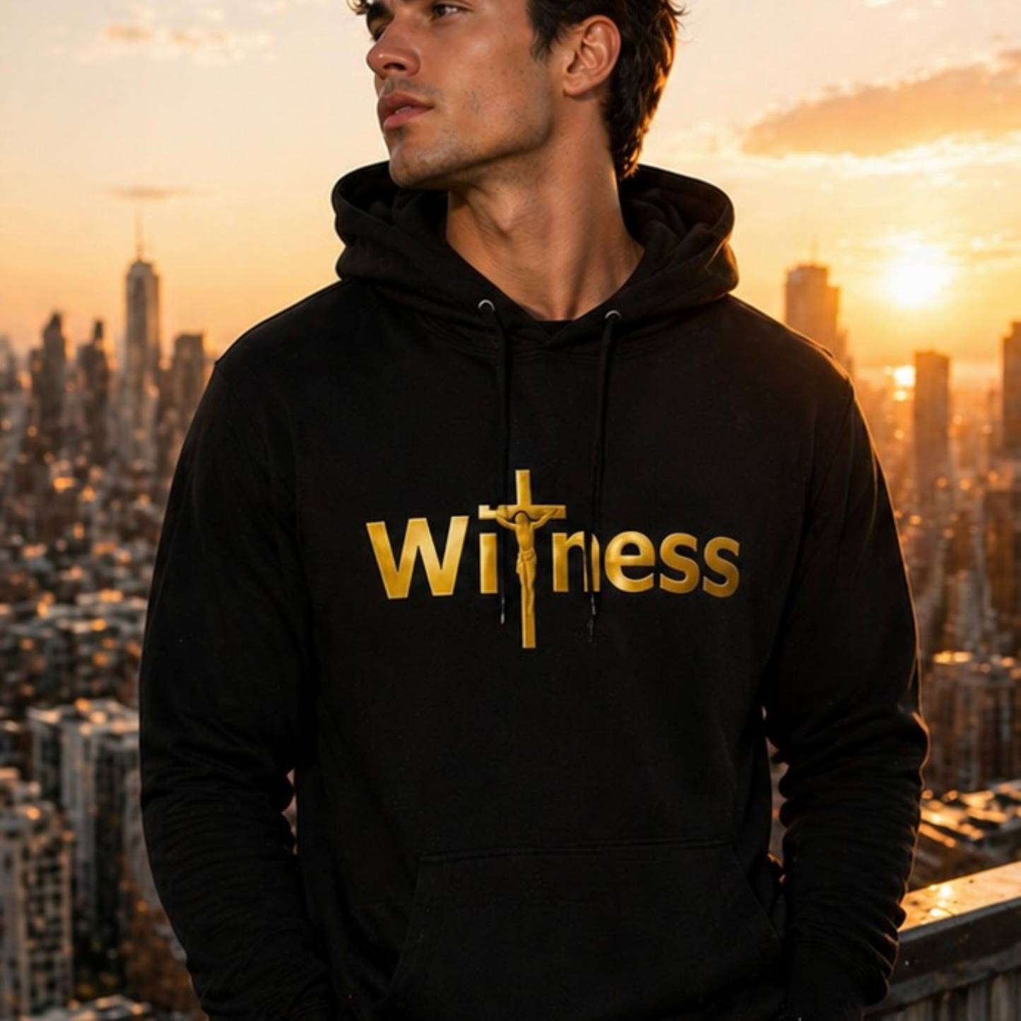 Witness Signature Christian hoodie with gold cross logo design by Witness Brand