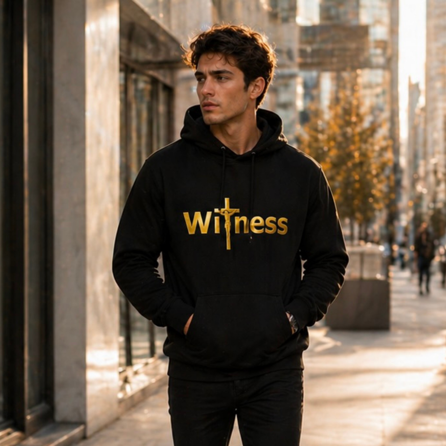 Lifestyle image of Witness gold cross Christian hoodie from Witness Brand