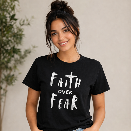 Faith Over Fear black Christian T-shirt with bold cross-centered statement design by Witness Brand