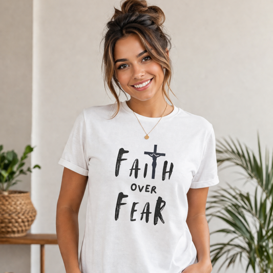 Faith Over Fear Christian T-shirt with bold cross-centered statement design by Witness Brand