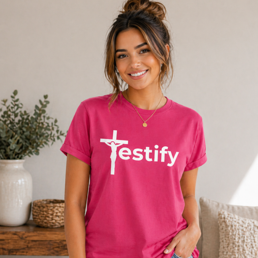 Testify pink Christian T-shirt with integrated cross logo design by Witness Brand