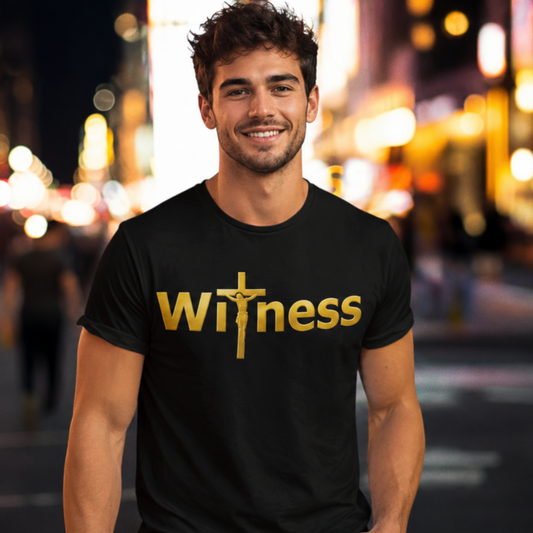Witness Signature Christian T-shirt with premium gold logo design by Witness Brand