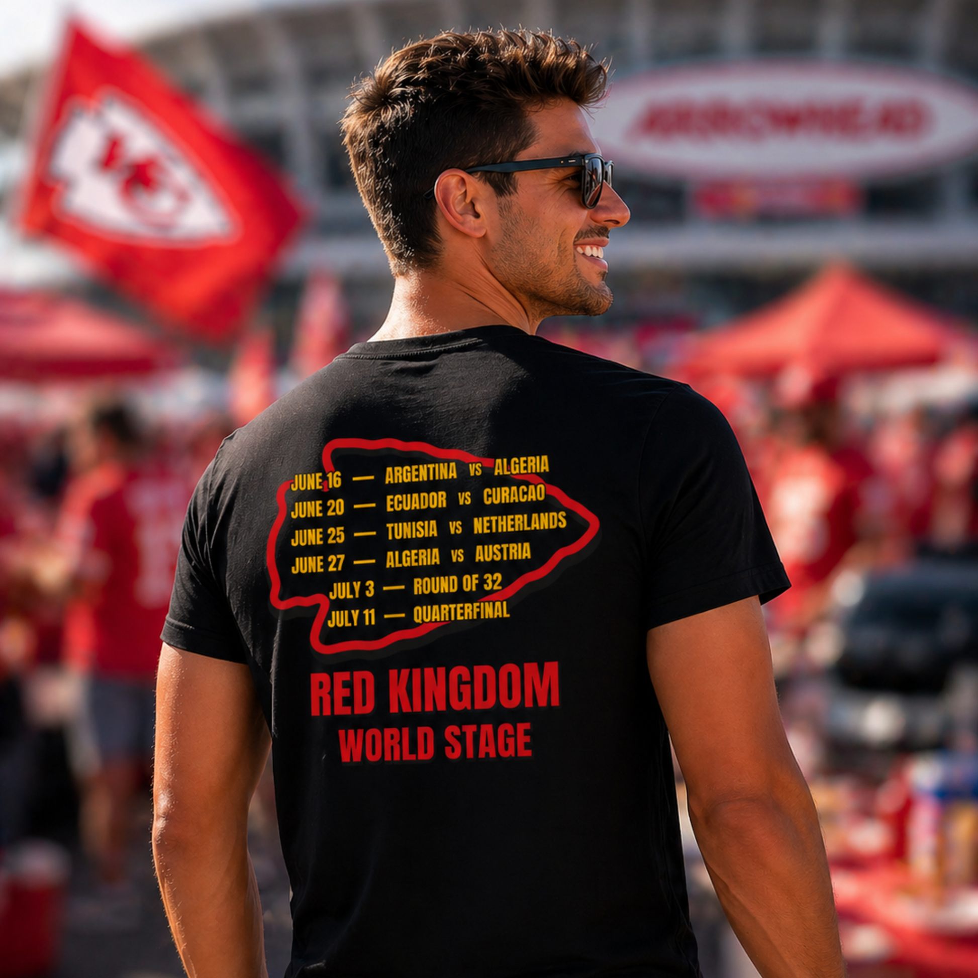 Back design Kansas City Red Kingdom World Cup shirt featuring KC match schedule artwork
