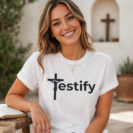 Front design Testify Christian T-shirt with integrated cross logo by Witness Brand