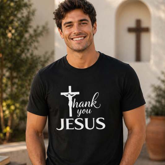 Front design Thank You Jesus white text Christian T-shirt by Witness Brand