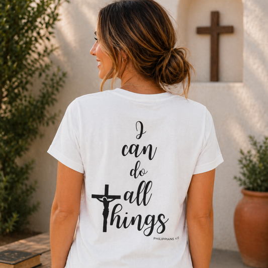 Back design Philippians 4:13 black text Christian T-shirt by Witness Brand