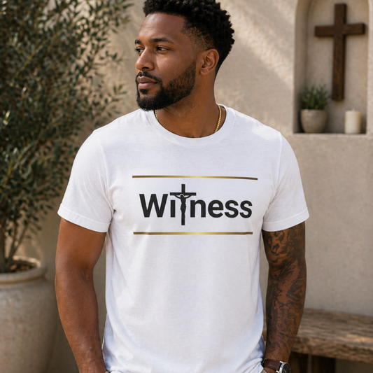 Witness Gold Stripe Christian T-shirt with integrated cross logo design by Witness Brand