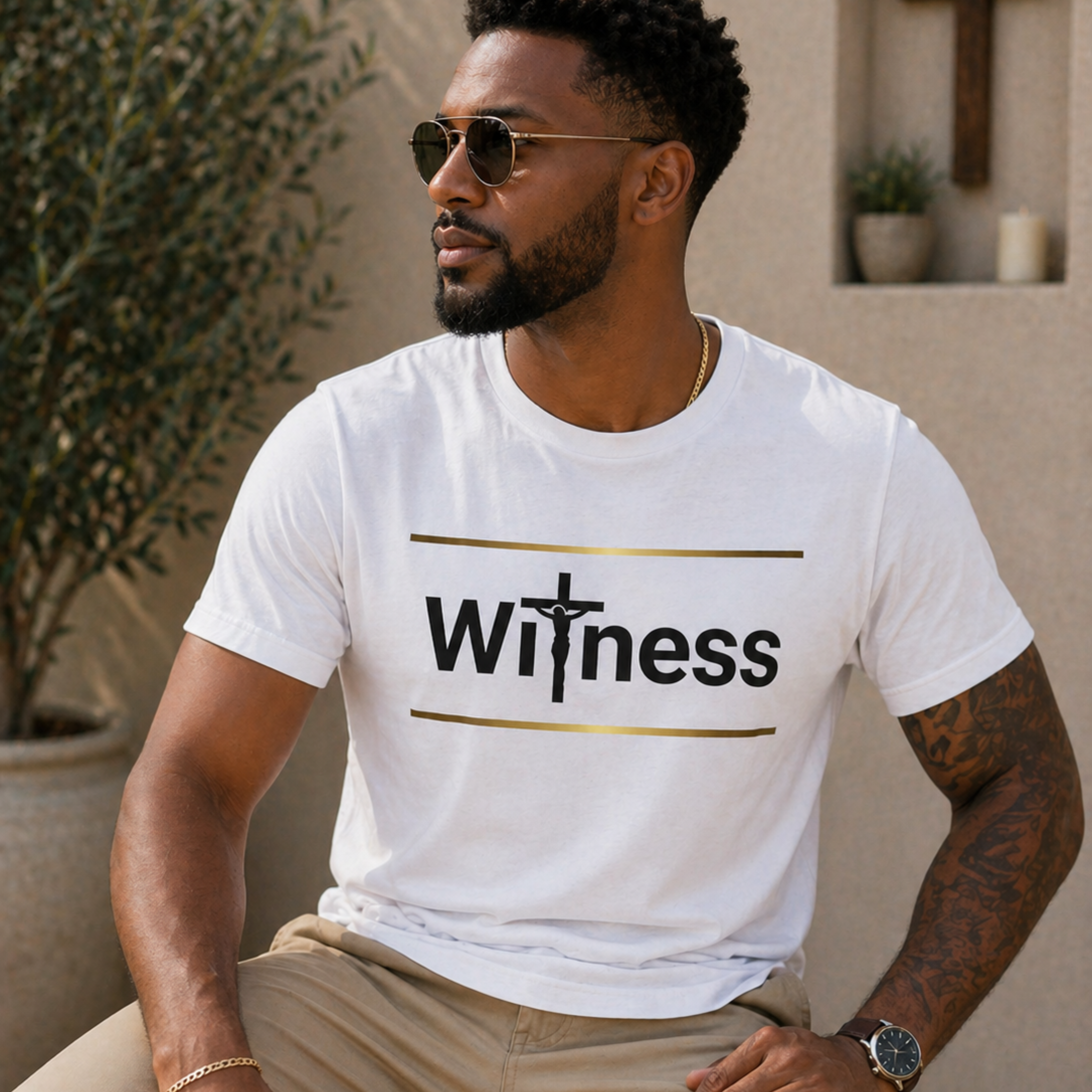 Lifestyle image of Witness Gold Stripe faith-based Christian T-shirt from Witness Brand