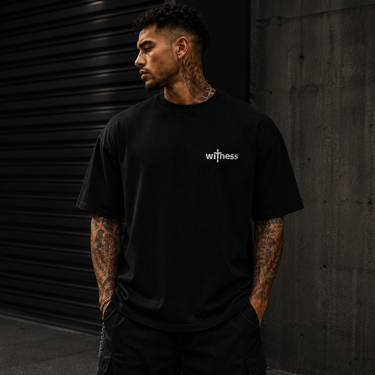 Premium oversized black Christian streetwear t-shirt with minimalist Witness chest logo worn by tattooed male model in urban setting