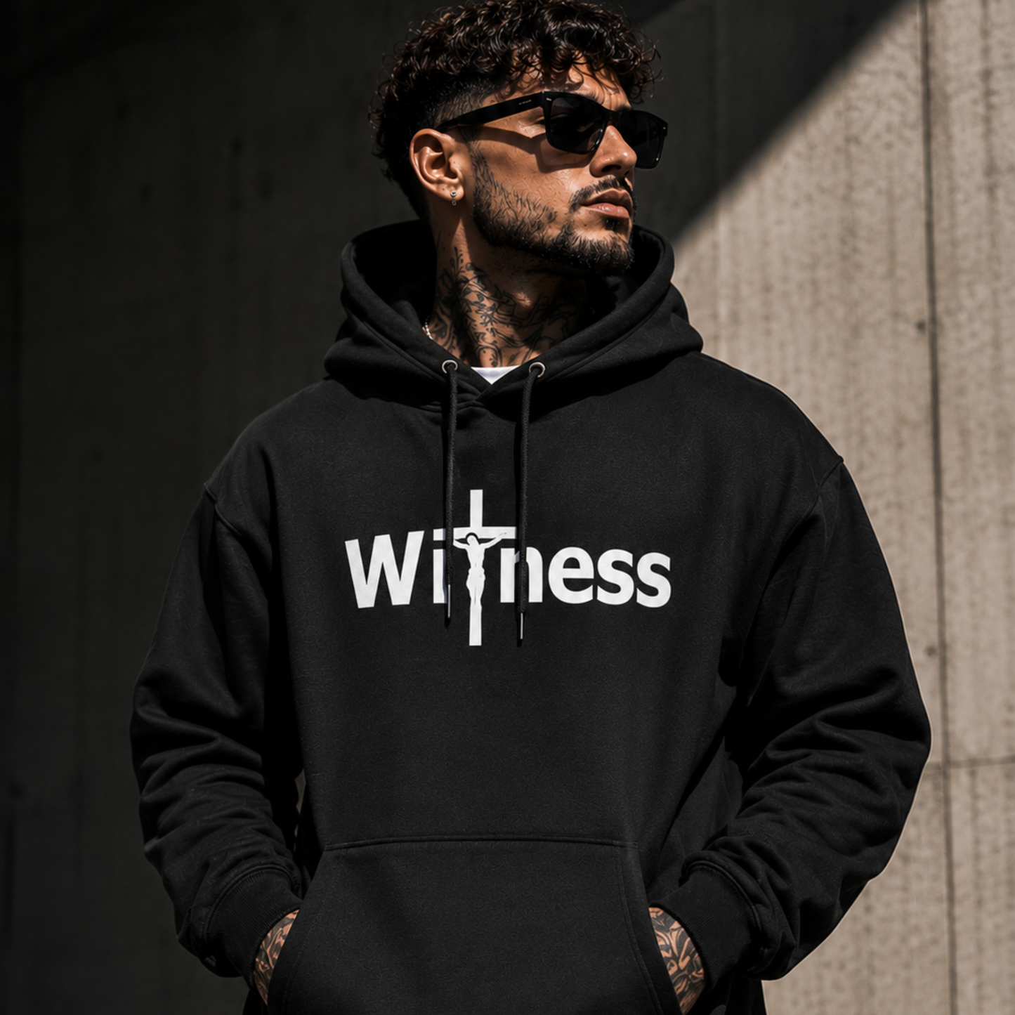 Male model wearing a black oversized Christian streetwear hoodie with white Witness cross logo graphic on the front in an urban setting.