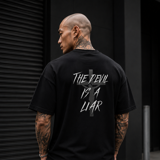 Black oversized Christian streetwear t-shirt with “The Devil Is A Liar” graphic, faded cross design, and bold faith-based streetwear aesthetic